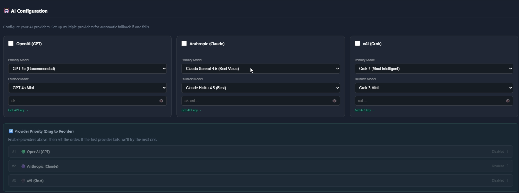 AI provider configuration